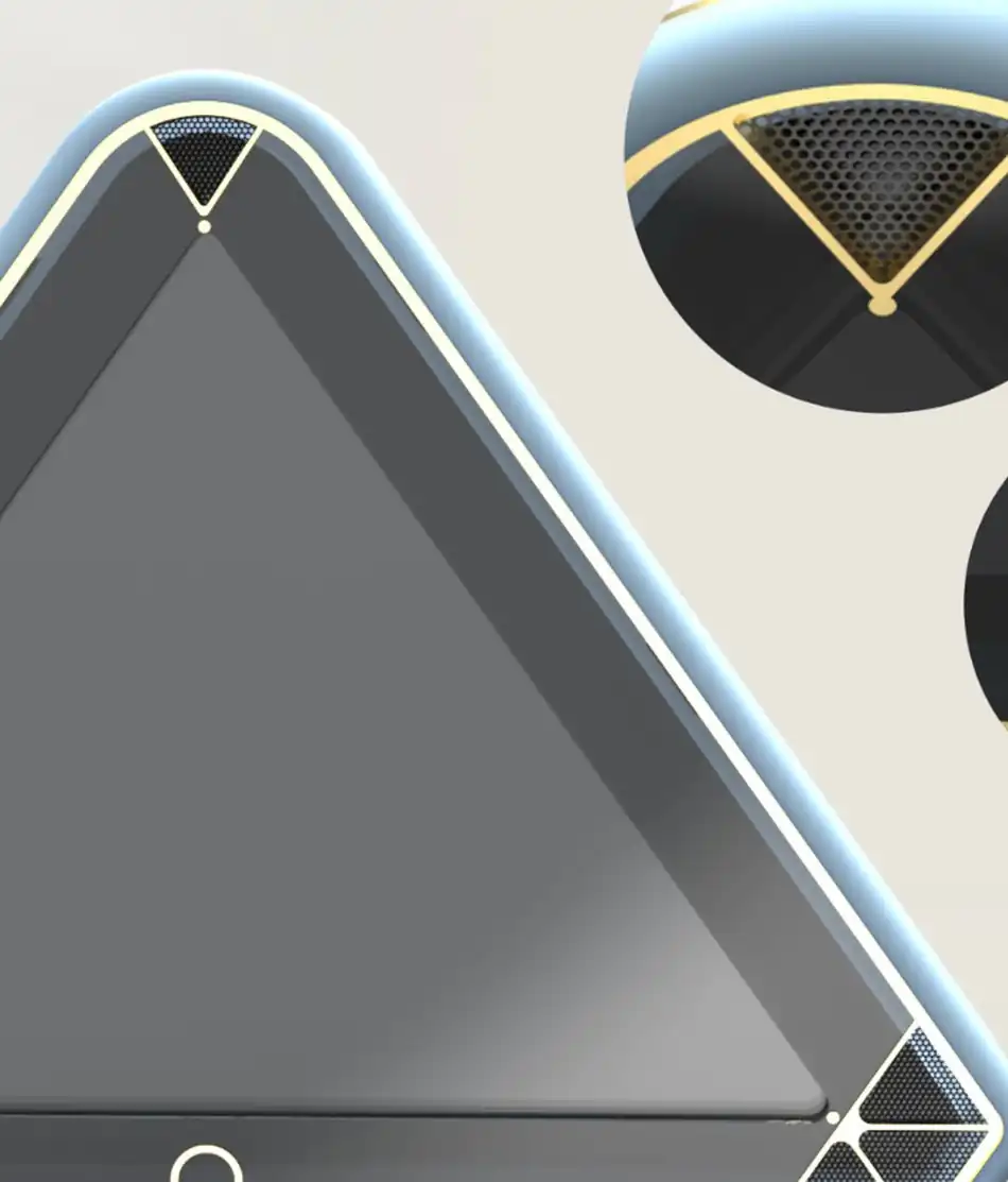 Close render of the Command Center's triangular touchscreen with speaker grilles at each corner.