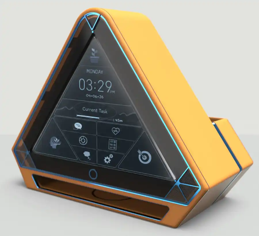 The Command Center: a triangular desktop device in orange with a dark touchscreen showing the time, a current task and a grid of tool icons.