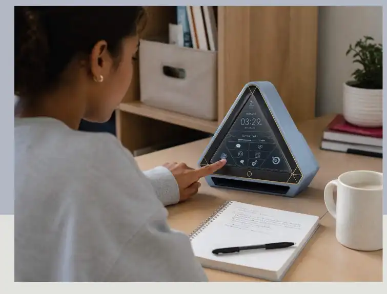 A young woman at a desk touching the screen of the blue Command Center device, with a notebook and mug beside her.