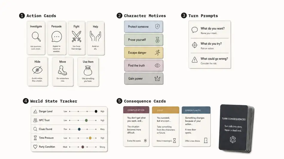 Five card-based components: action cards, character motive cards, turn prompts, a world state tracker with sliders, and consequence cards.
