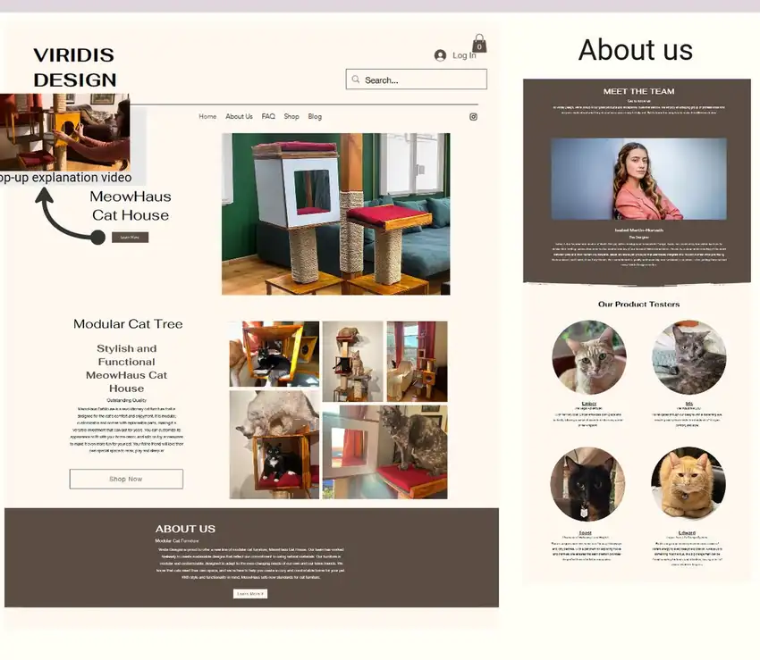 Viridis Design storefront homepage and About page mockups showing the MeowHaus product.