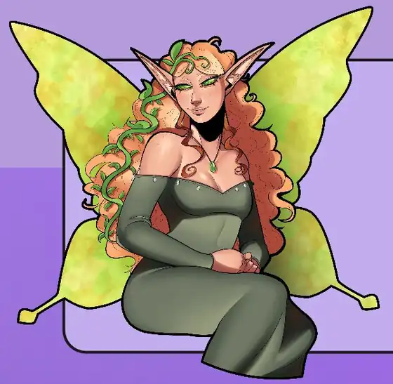 Illustrated fairy character with green wings, red curly hair and a green dress, used as the streamer's avatar.