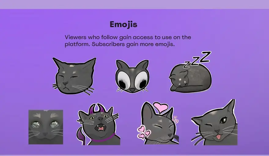Seven custom cat emotes drawn from a grey cat, including sleeping, hearts and a winking face.