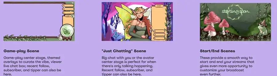 Three stream overlay designs: a gameplay frame, a just-chatting scene with the fairy avatar, and a starting-soon mushroom forest scene.