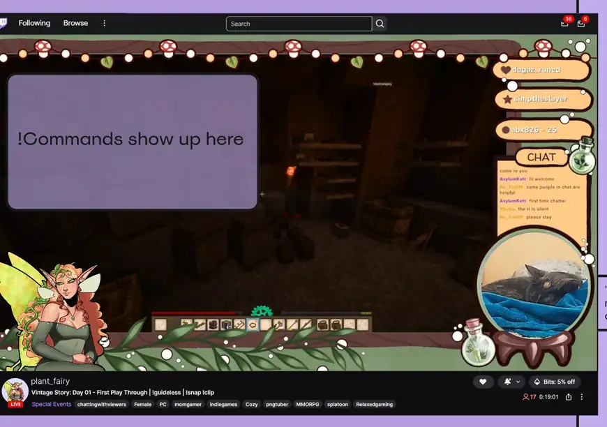 A live Twitch stream layout with a hand-drawn forest overlay, chat panel, fairy avatar and a cat camera in a crystal-ball frame.